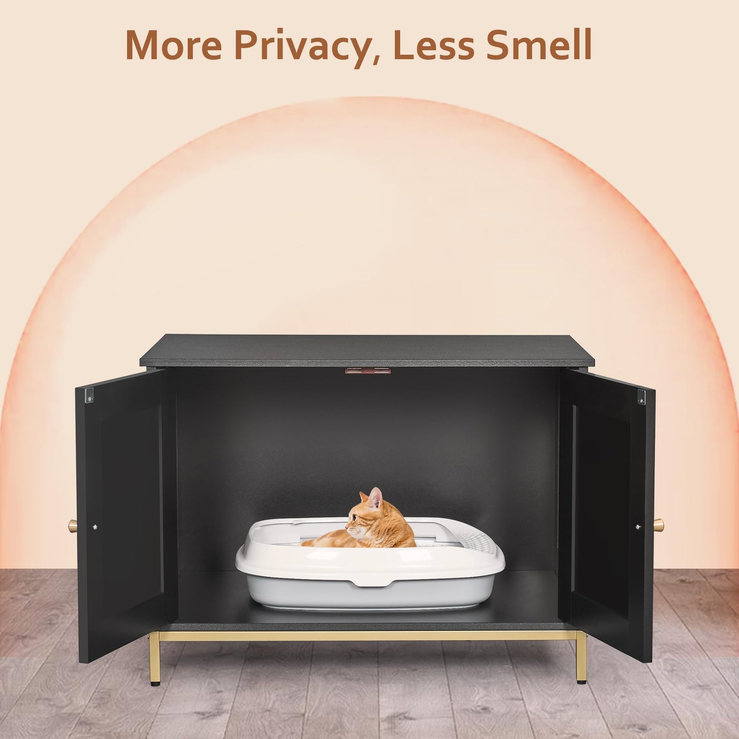 Homhedy Cat Litter Box Enclosure, Cat Washroom Furniture with Metal Frame, Pet House, Fit Most of Litter Box, Modern Style, Black and Gold