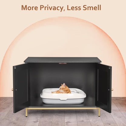 Homhedy Cat Litter Box Enclosure, Cat Washroom Furniture with Metal Frame, Pet House, Fit Most of Litter Box, Modern Style, Black and Gold