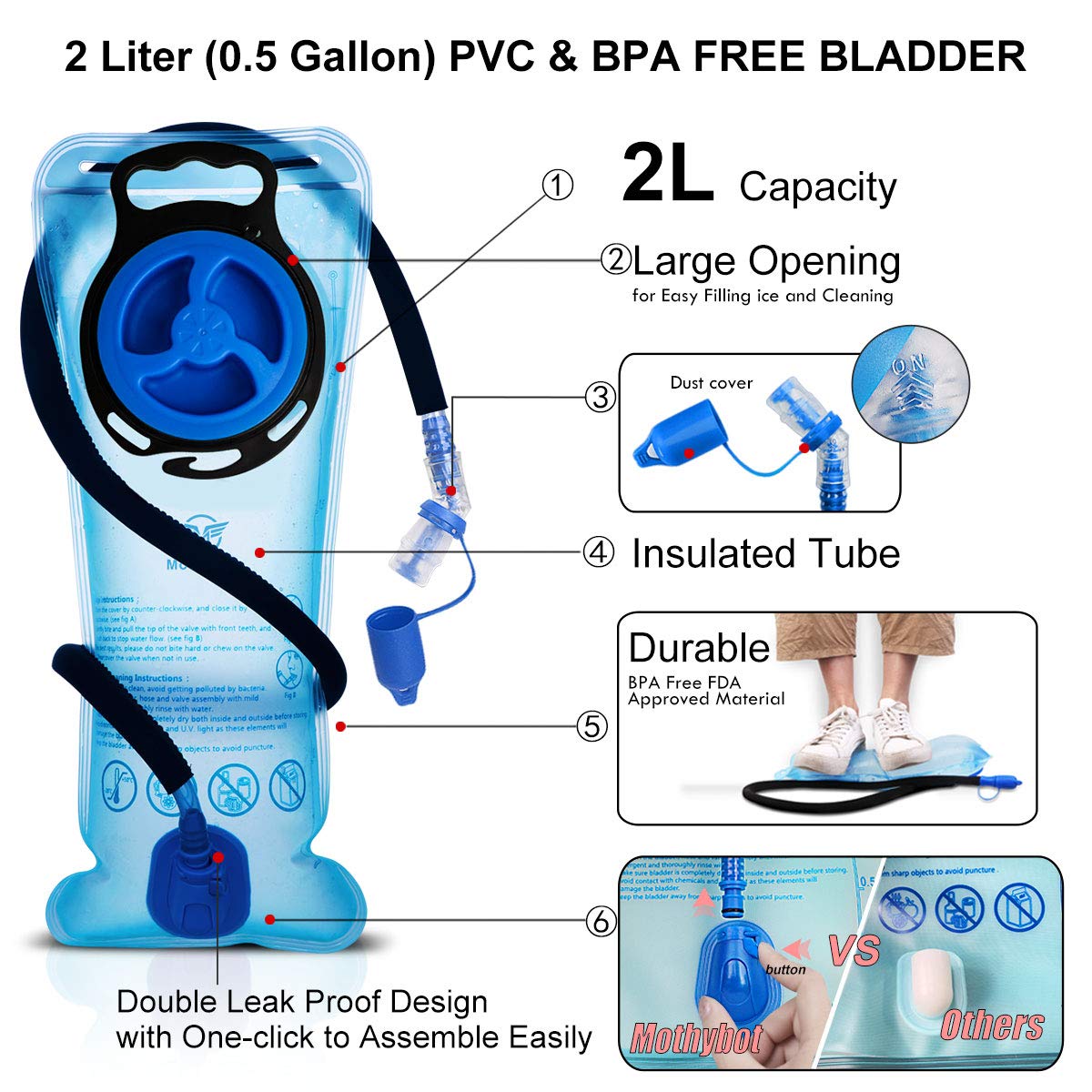 Mothybot Hydration Backpack, Insulated Hydration Pack with 2L Water Bladder & Large Storage, Ultralight Hiking Backpack for Men, Women for Running, Cycling, Camping - Keep Liquid Cool up to 5 Hours