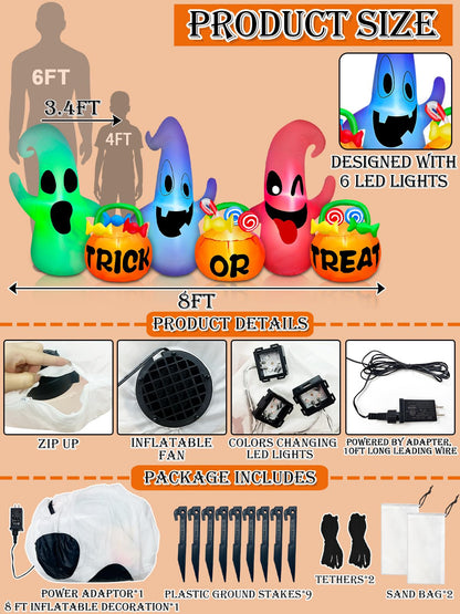 [ 3 Colors Changing Light ] TURNMEON 8 Ft Long Halloween Inflatables Three Ghosts with Pumpkin Candy Bags Halloween Decorations Outdoor Build-in LED Light Blow Up Halloween Decor Yard Party Garden