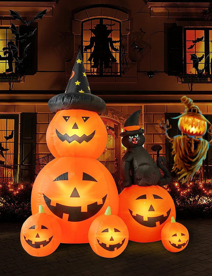 HOPOCO 6 FT Halloween Inflatable Decorations Spooky Ghost Pumpkin Lighted and Witch's Cat, Halloween Decorations Outdoor Inflatables Pumpkin Combo with Build-in LED Blow Up Inflatables for Yard Garden