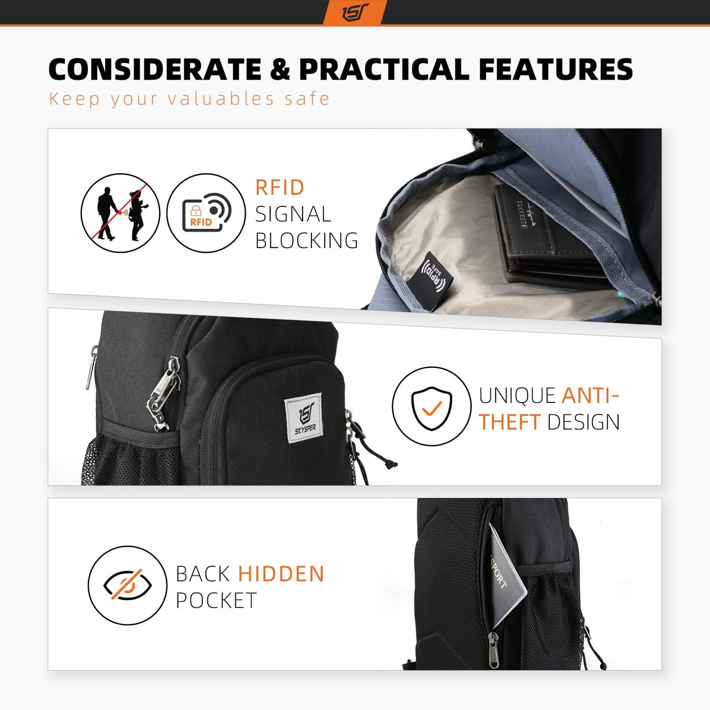 SKYSPER Sling Bag RFID Crossbody Sling Backpack Cross Body Shoulder Bag Travel Hiking Daypack for Women Men(Black)