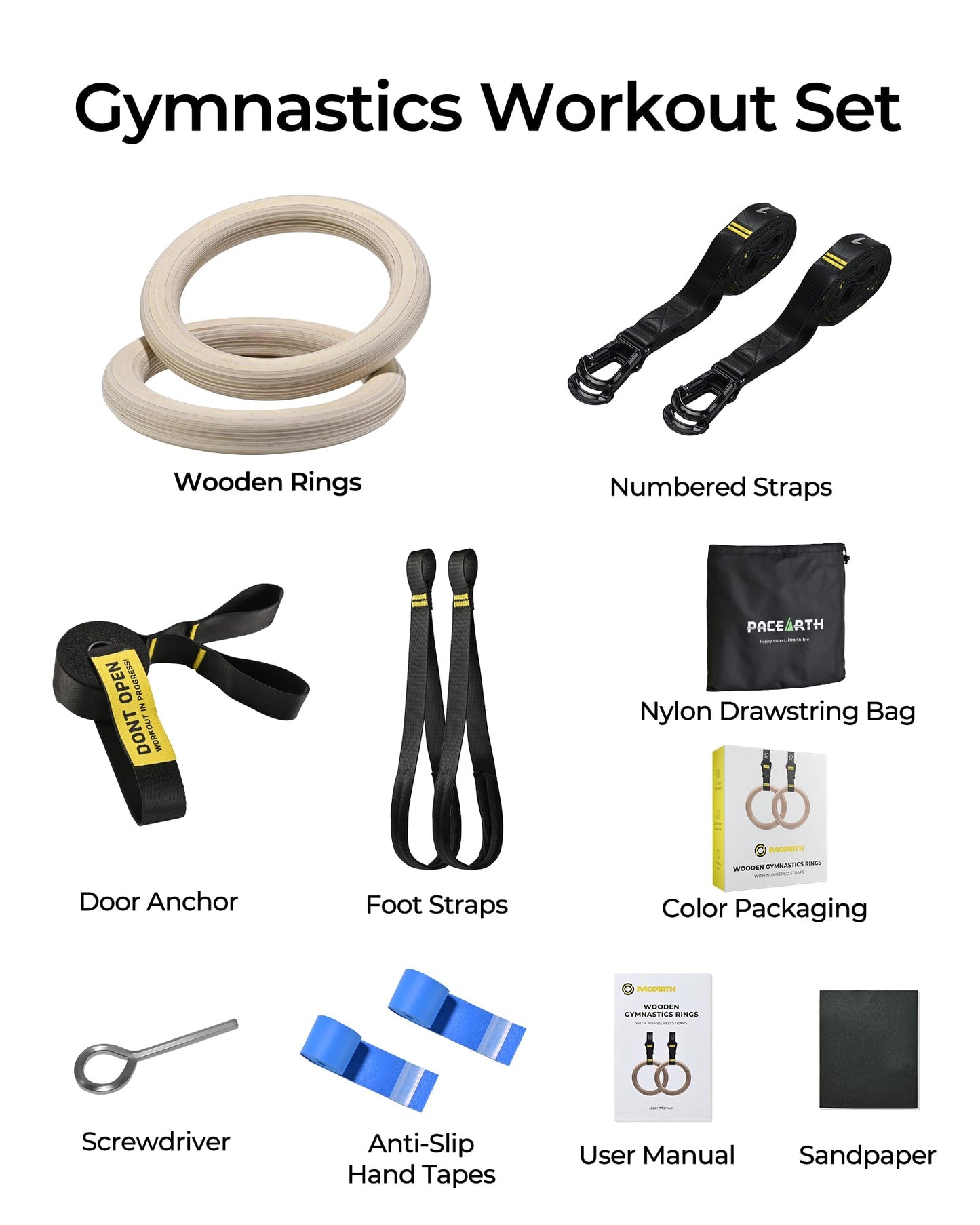 PACEARTH Gymnastics Rings 32mm Wooden Olympic Rings Support 1500lbs Locked Carabiners 9ft Double-Layer Numbered Straps Non-Slip Gym Rings with Foot Straps Door Anchor for Home Gym Full Body Workout