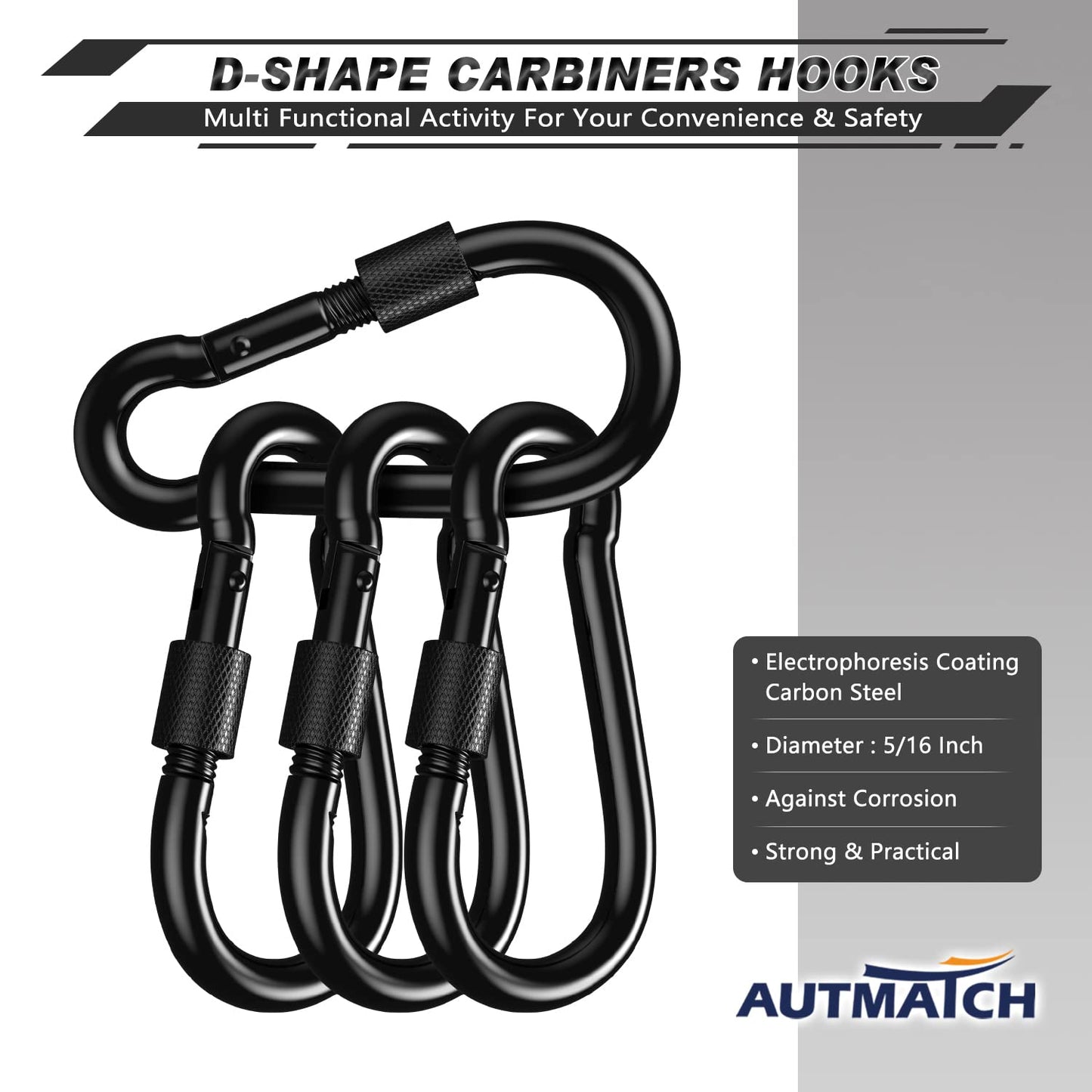 AUTMATCH Carabiner Clips, 3" Carbon Steel Spring Snap Hook Caribeener Clips Buckle Pack Grade Heavy Duty Carabiners Quick Link for Camping, Fishing, Hiking, Traveling, Locking Black, 4 Pack