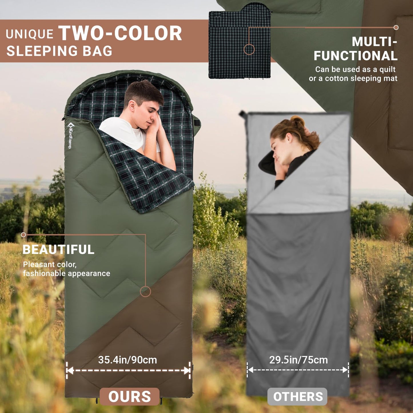 KingCamp Sleeping Bag for Adults, Cold Weather & Warm XL Big and Tall Flannel Sleeping Bags with Compression Sack Portable Waterproof Essentials Gear Accessories for Outdoor Camping (Beangreen/Brown)