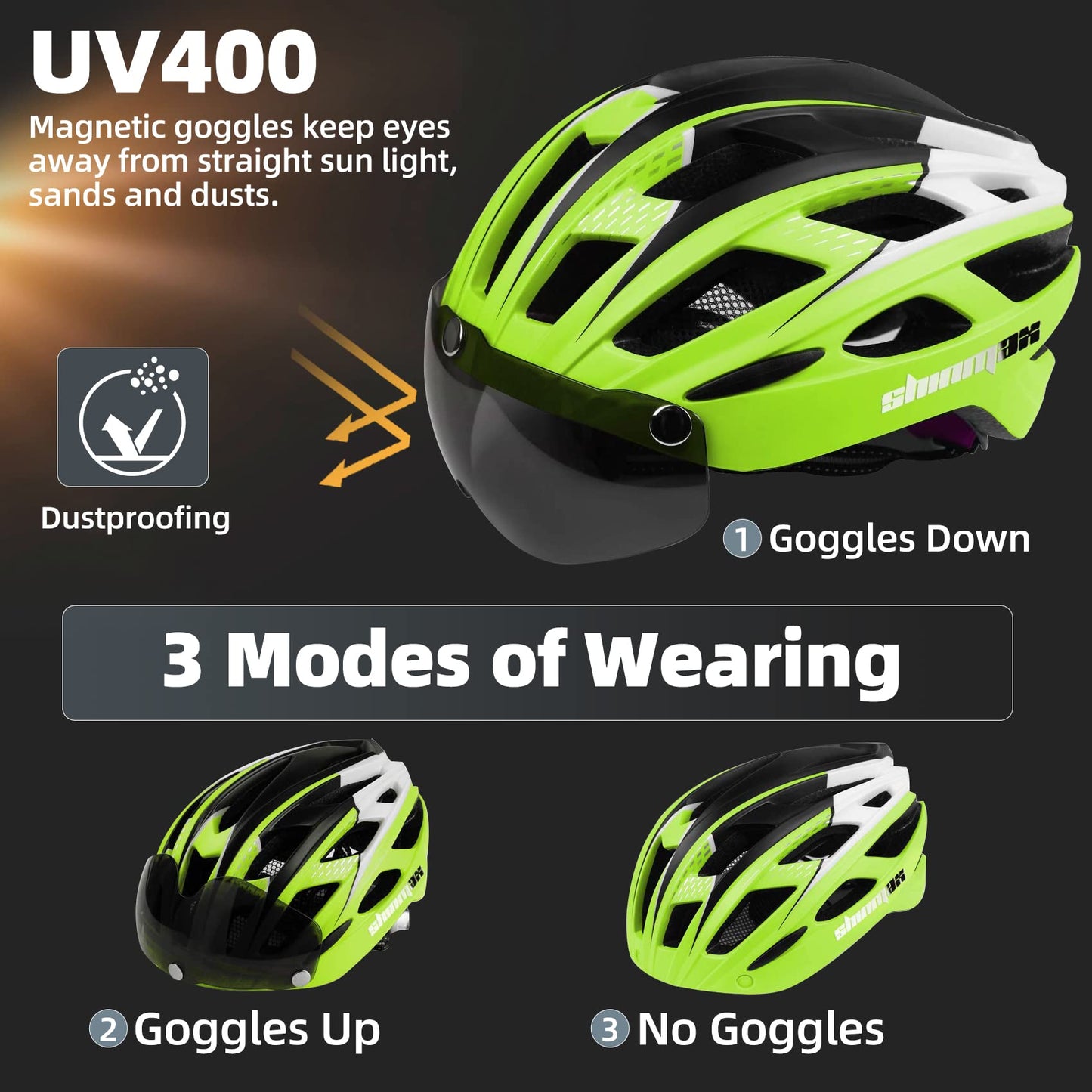 Shinmax Bike Helmet, CPSC/CPC Certificated Bicycle Helmet with Detachable Magnetic Goggles&Led Back Light&Portable Backpack Cycling Helmet Adjustable Mountain Bike Helmet for Adult Men Women SM-T69