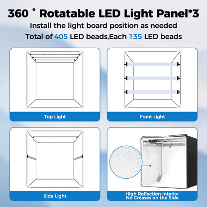 Photo Light Box, Portable 12/16/20/24/32 Photo Studio Light Box, Shooting Tent Kit with 405 Light Beads and 6 Color Backdrops. Lightbox with 3 Stepless Dimming Light Boards for Product Photography