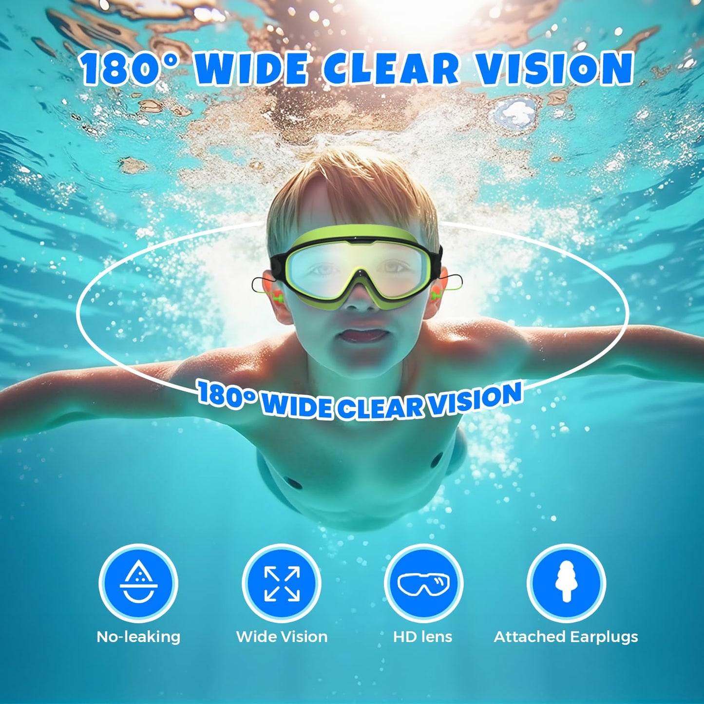 YLKJSWIM Swim Goggles for kids 3-15 with Earplugs Large Frame Anti-Fog/UV No Leaking Pool Water Swimming Goggles for Boys Girls Youth Toddler (2pcs)