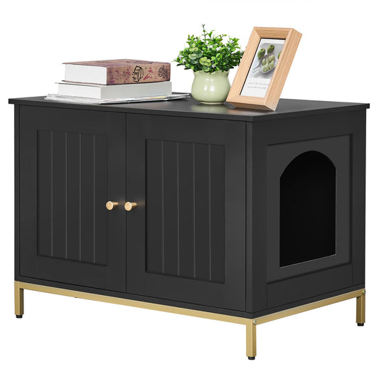 Homhedy Cat Litter Box Enclosure, Cat Washroom Furniture with Metal Frame, Pet House, Fit Most of Litter Box, Modern Style, Black and Gold