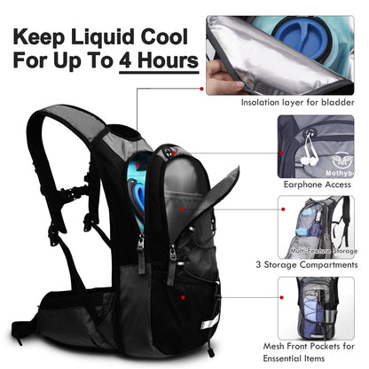 Mothybot Insulated Hydration Backpack Pack with 3L BPA Free Leak Proof Water Bladder, Large Storage Lightweight Hiking Daypack with Waist Pouches & Cooler Layer, for Running, Biking, Camping, Festival