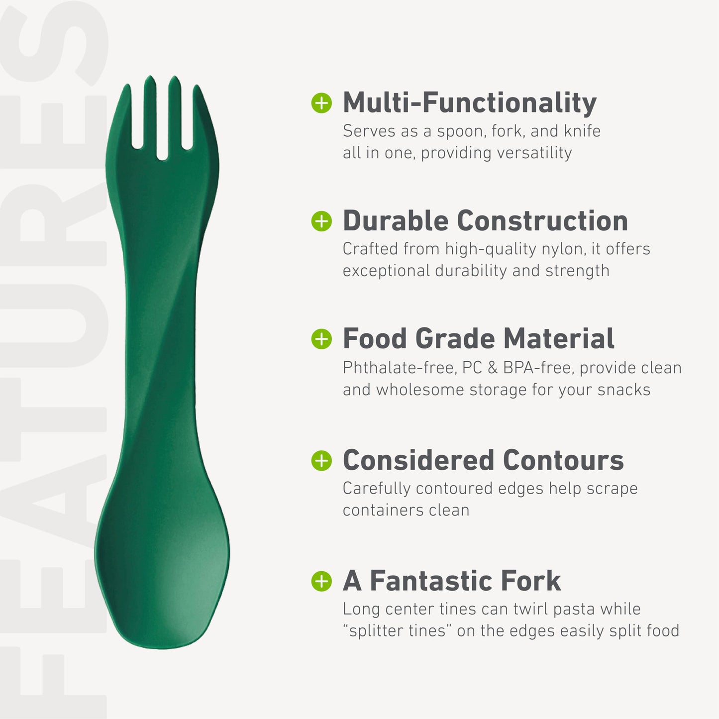 humangear GoBites Uno | Travel & Camping Utensils | Portable & Convertible Dining Ware | Multi-Functional Spork, Medium Green