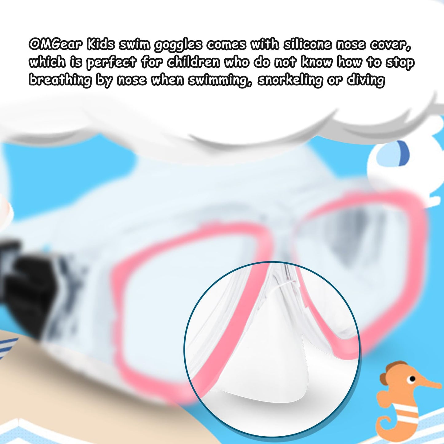 OMGear Kids Swimming Silicone Swim Mask Snorkeling Gear for Kids Tempered Glass Snorkel Goggles with Nose Cover Scuba Diving Goggles with Cute Neoprene Mask Strap Cover (Pink)