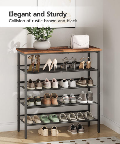 HOOBRO Shoe Rack for Entryway, 5-Tier Shoe Organizer with Adjustable Mesh Shelves, 16-20 Pairs of Shoes, Spacious Floor Mount, Metal, Industrial, Shoe Shelf for Closet, Rustic Brown BF12XJ01
