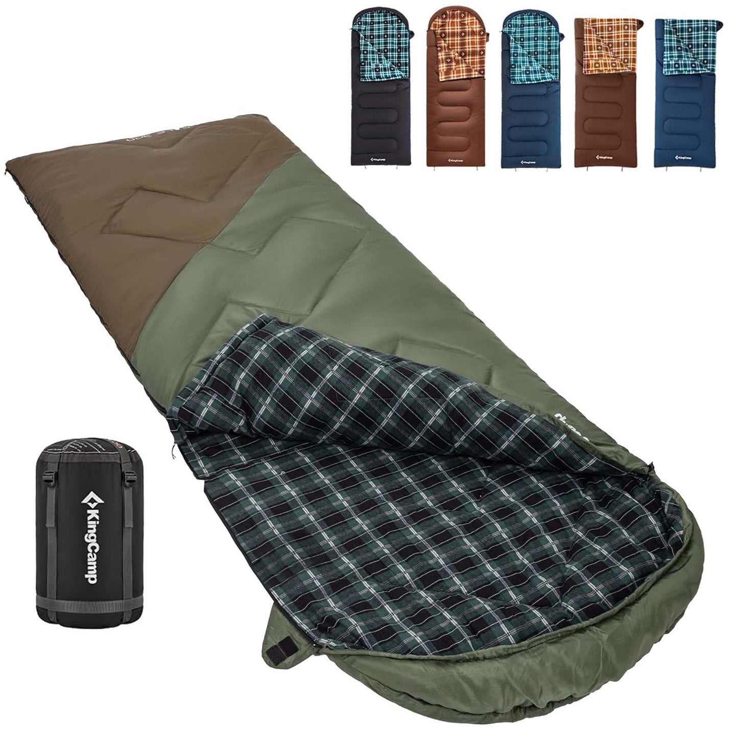 KingCamp Sleeping Bag for Adults, Cold Weather & Warm XL Big and Tall Flannel Sleeping Bags with Compression Sack Portable Waterproof Essentials Gear Accessories for Outdoor Camping (Beangreen/Brown)