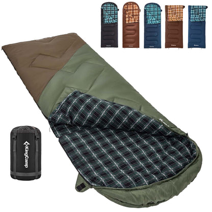 KingCamp Sleeping Bag for Adults, Cold Weather & Warm XL Big and Tall Flannel Sleeping Bags with Compression Sack Portable Waterproof Essentials Gear Accessories for Outdoor Camping (Beangreen/Brown)