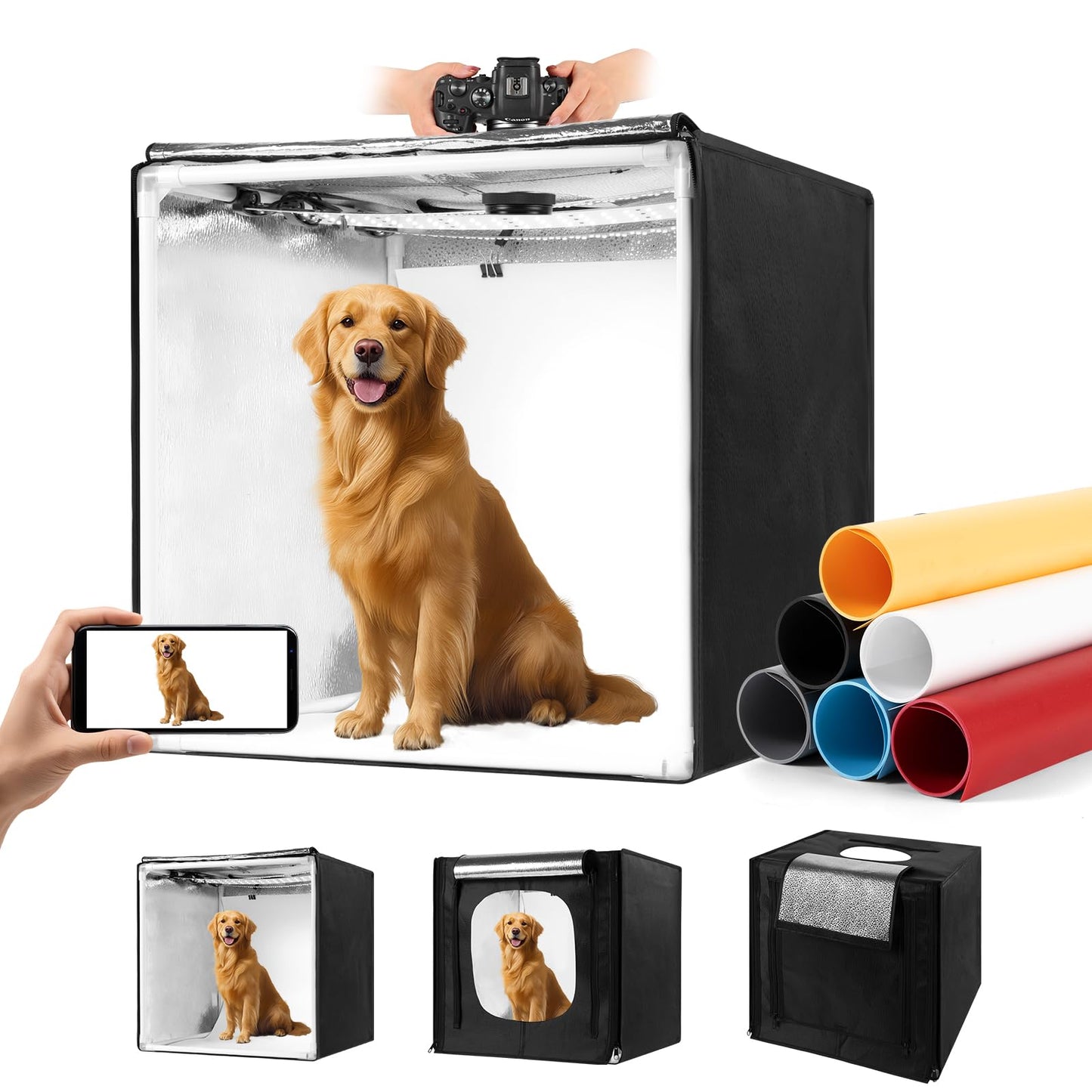 Photo Light Box, Portable 12/16/20/24/32 Photo Studio Light Box, Shooting Tent Kit with 405 Light Beads and 6 Color Backdrops. Lightbox with 3 Stepless Dimming Light Boards for Product Photography