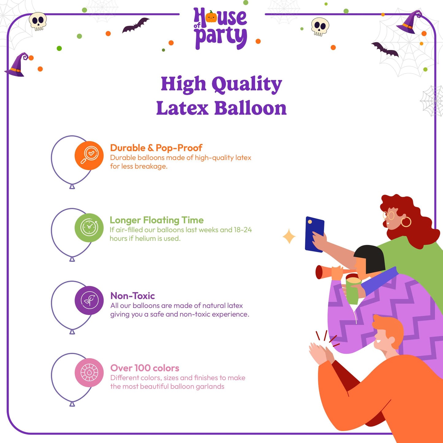 HOUSE OF PARTY Halloween Balloon Arch Kit 80 Pcs - 5/10/12/18 Inch Balloons Garland with 16" BOO Foil Balloon & Stretchy Spider Web For Halloween Party & Kids Birthday Decorations