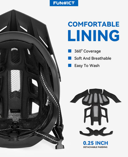 FUNWICT Adult Bike Helmet with Visor and Goggles for Men Women Mountain Road Bicycle Helmet Rechargeable Rear Light Cycling Helmet (L: 57-61 cm (22.4-24 inches), Black)