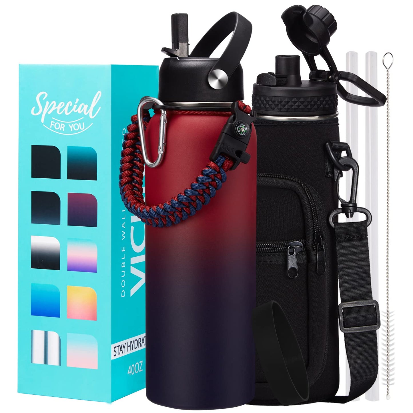 VICKNIY 40 OZ Insulated Water Bottles with Straw Lid, Stainless Steel Water Bottle for Men Women, Wide Mouth Water Flask Sports with Shoulder Carrier Bag, Paracord Handle, Straw & Spout Lids