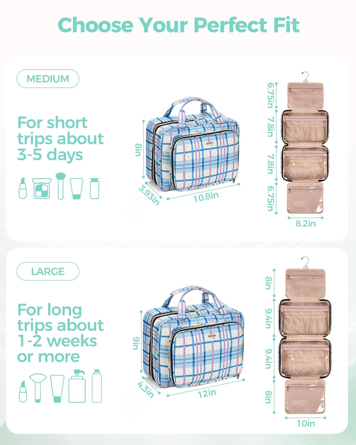 BALULHG Travel Hanging Toiletry Bag for Women, Water-Resistant Cosmetic Organizer with 4 Compartments & 360° Swivel Hook, TSA-Approved Makeup Bag for Shampoo, Full Sized Container, Toiletries (Pink)