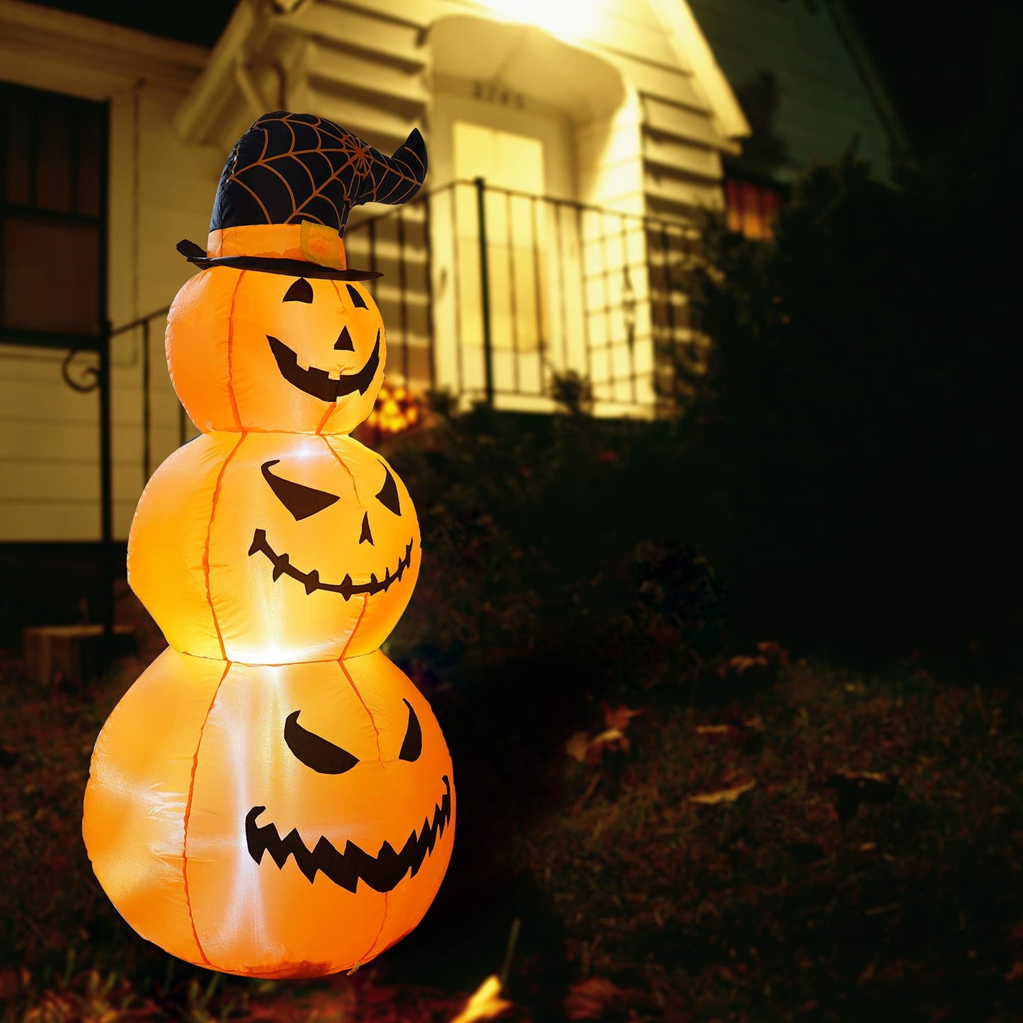 Hourleey 5 FT Halloween Inflatables Outdoor Stacked Pumpkins with Witches Hat, Halloween Blow Up Yard Decorations with Built-in LED Lights for Indoor Outdoor Party Garden Lawn Holiday Decor