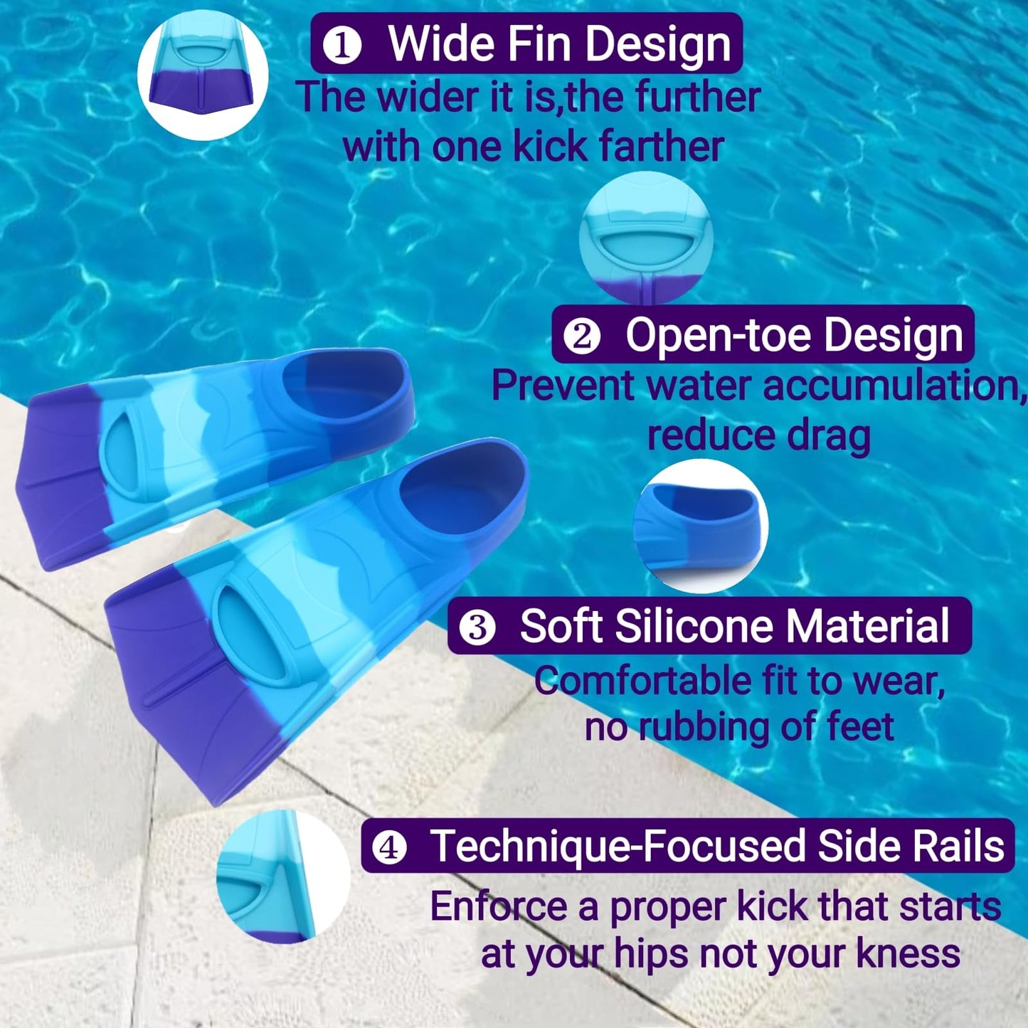 Gugmoy Kids Swim Fins,Comfortable Silicone Flippers for Swimming and Diving,Size Suitable Beginners Kids Girls Boys Adults (Medium, Colorful-G)