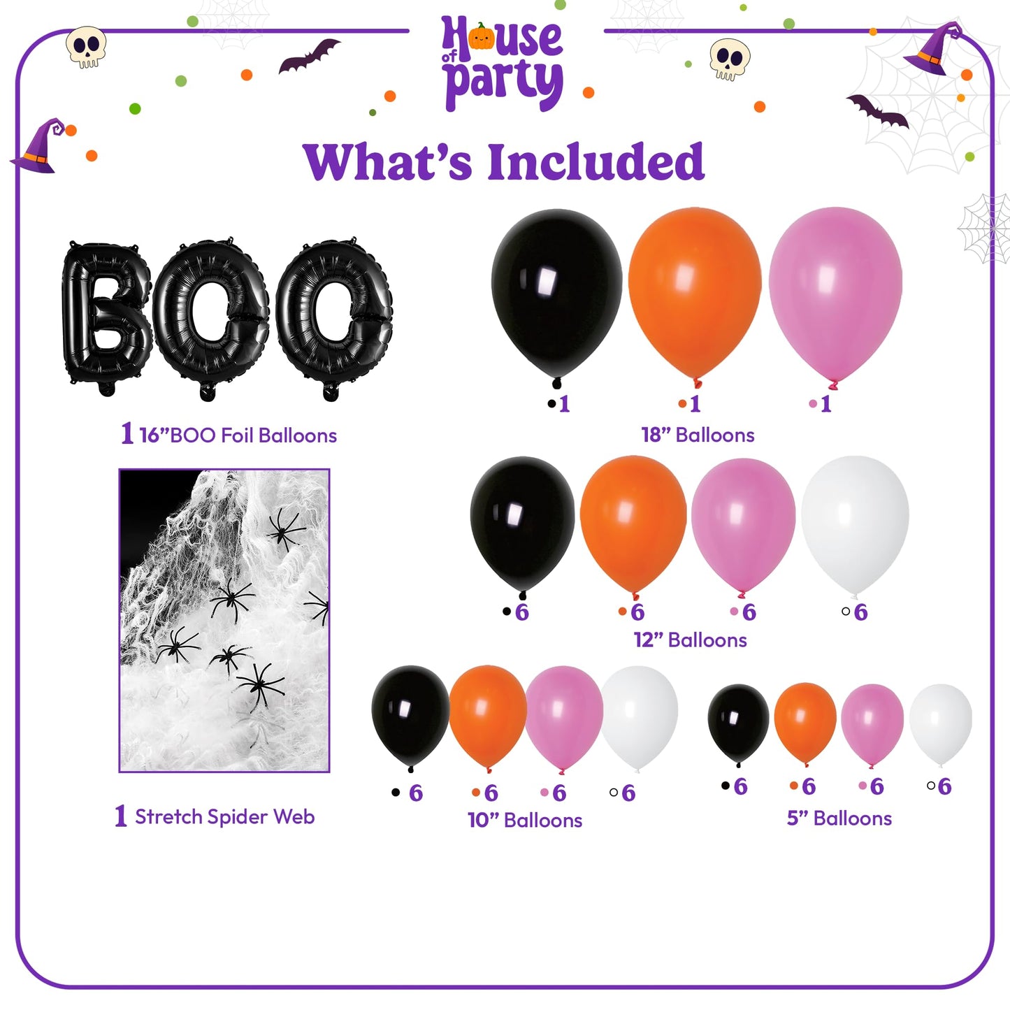 HOUSE OF PARTY Halloween Balloon Arch Kit 80 Pcs - 5/10/12/18 Inch Balloons Garland with 16" BOO Foil Balloon & Stretchy Spider Web For Halloween Party & Kids Birthday Decorations