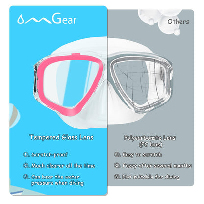 OMGear Kids Swimming Silicone Swim Mask Snorkeling Gear for Kids Tempered Glass Snorkel Goggles with Nose Cover Scuba Diving Goggles with Cute Neoprene Mask Strap Cover (Pink)