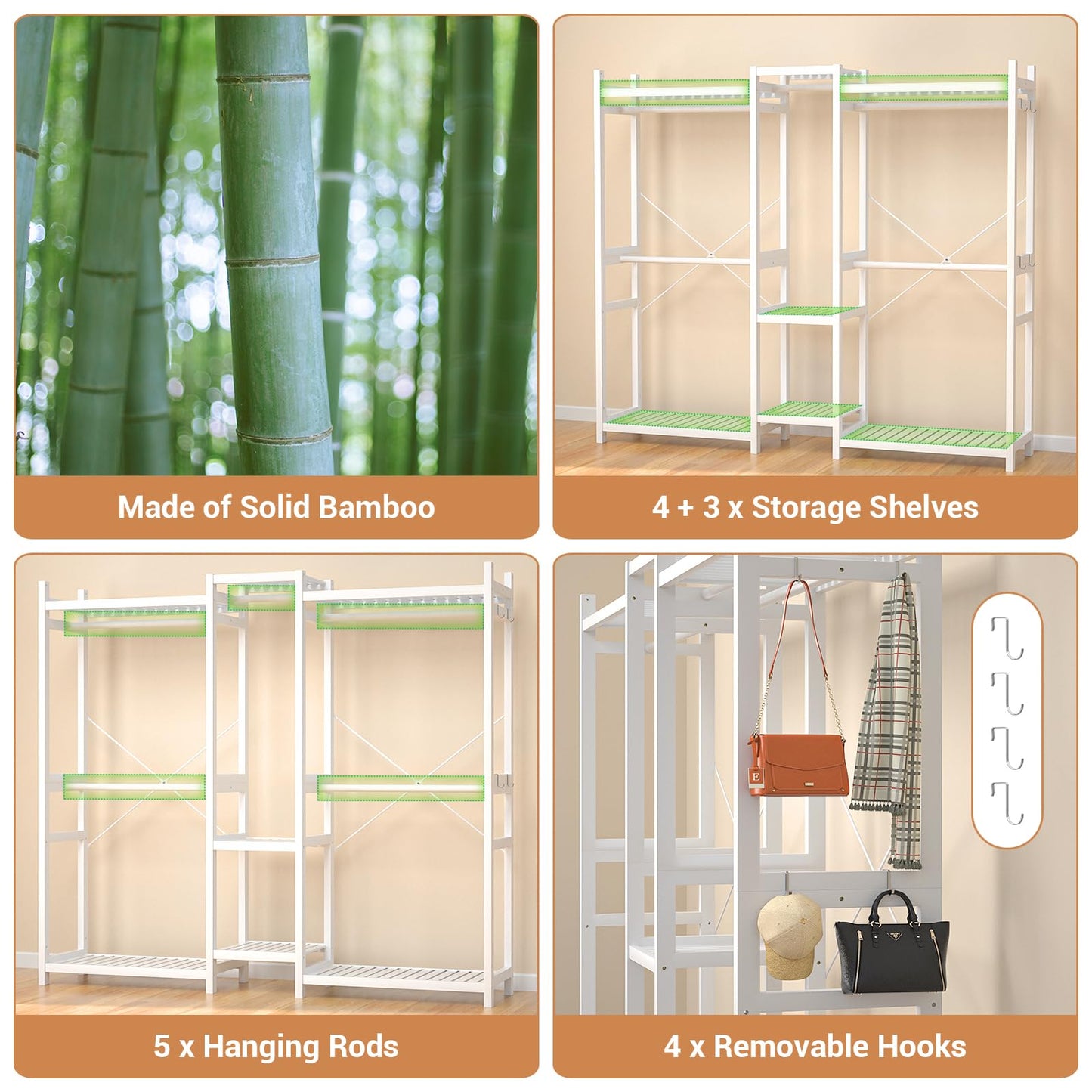 Homykic Bamboo Closet System Clothes Rack, Large Freestanding Garment Rack Clothing Rack for Hanging Clothes with 7 Storage Shelves and 5 Rods, Open Wardrobe Organizer with 4 Hooks, White