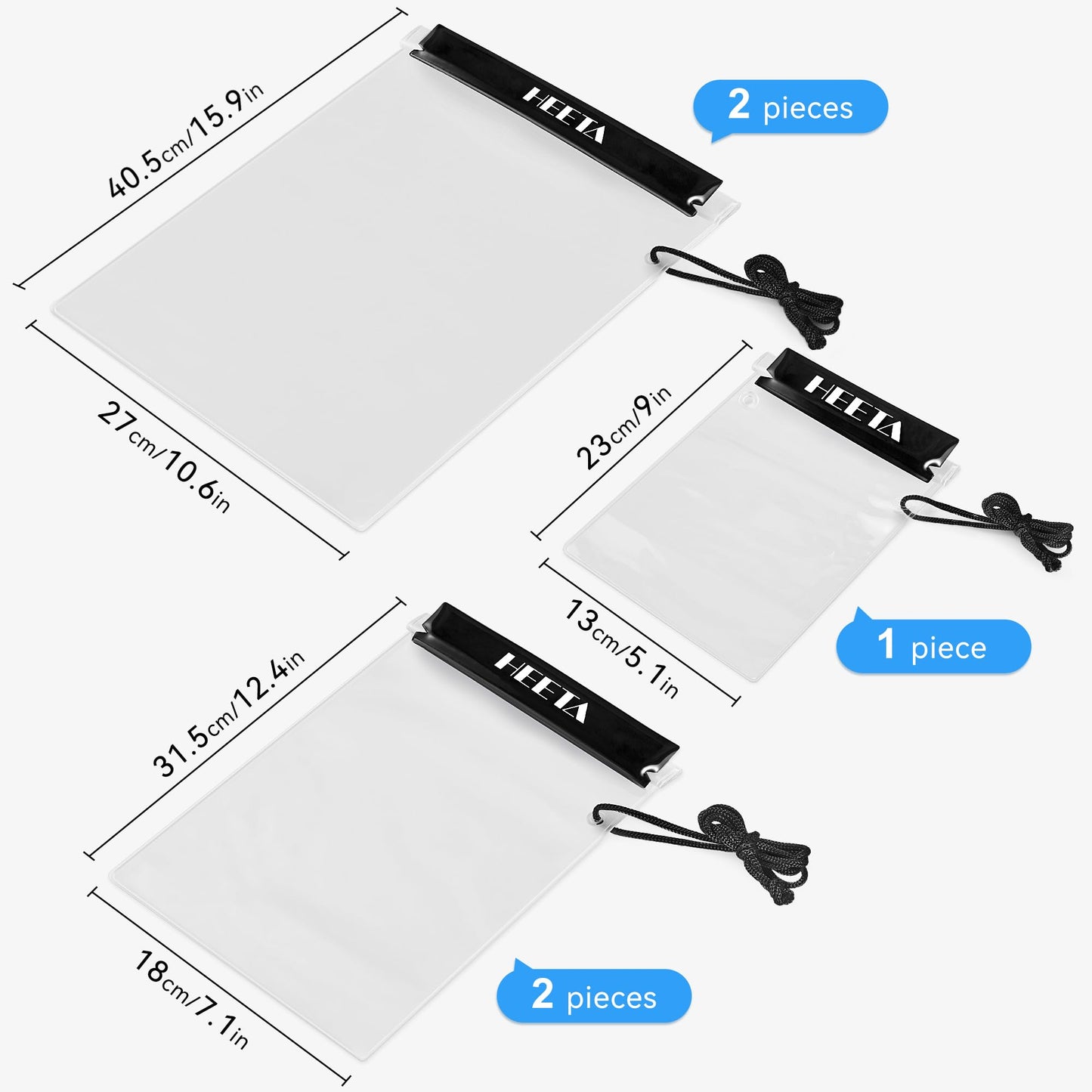 HEETA 5-Pack Clear Waterproof Dry Bag Pouch, Water Tight Cases Dry Bags Document Holder for Camera Mobile Phone Maps, Kayaking Boating (Black)