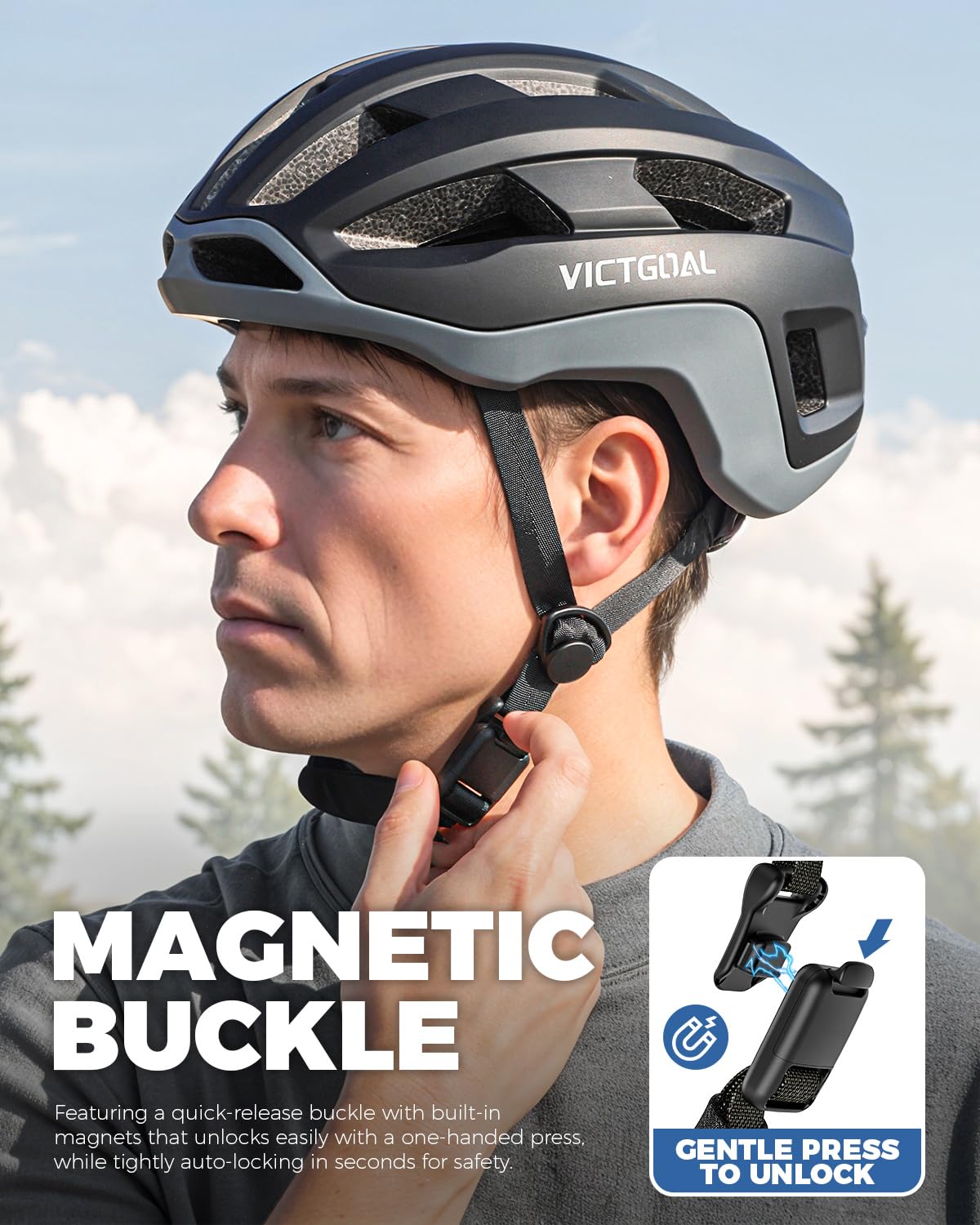 VICTGOAL Road Bike Helmet Adult Men Women with Detachable Magnetic Rear Light, Bicycle Helmet Adjustable Breathable Road Cycling Helmet for Road Mountain Riding (Black, L: 57-61 cm)