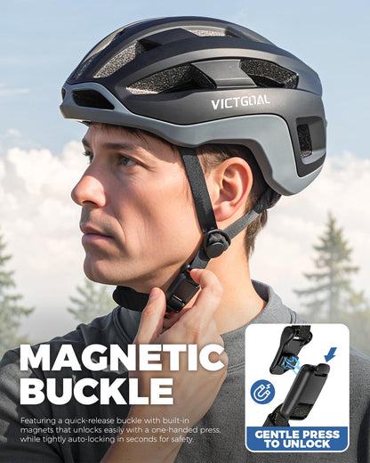 VICTGOAL Road Bike Helmet Adult Men Women with Detachable Magnetic Rear Light, Bicycle Helmet Adjustable Breathable Road Cycling Helmet for Road Mountain Riding (Black, L: 57-61 cm)
