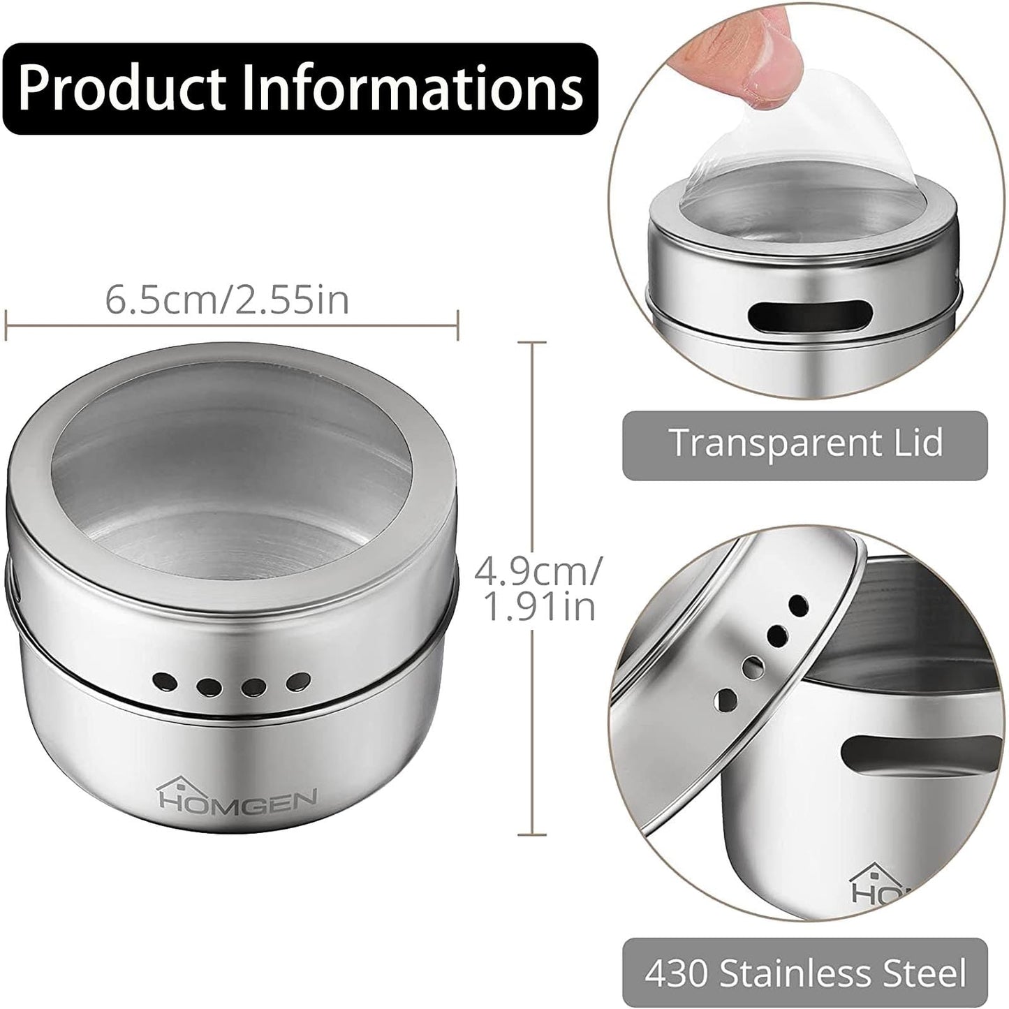 HOMGEN Magnetic Spice Jars 12-Pack - 3.4oz Stainless Steel Spice Containers with Magnet Strong Hold- Includes Labels & Chassis for Fridge/BBQ/Camping, Space-Saving Kitchen Organizer for Pantry & RVs