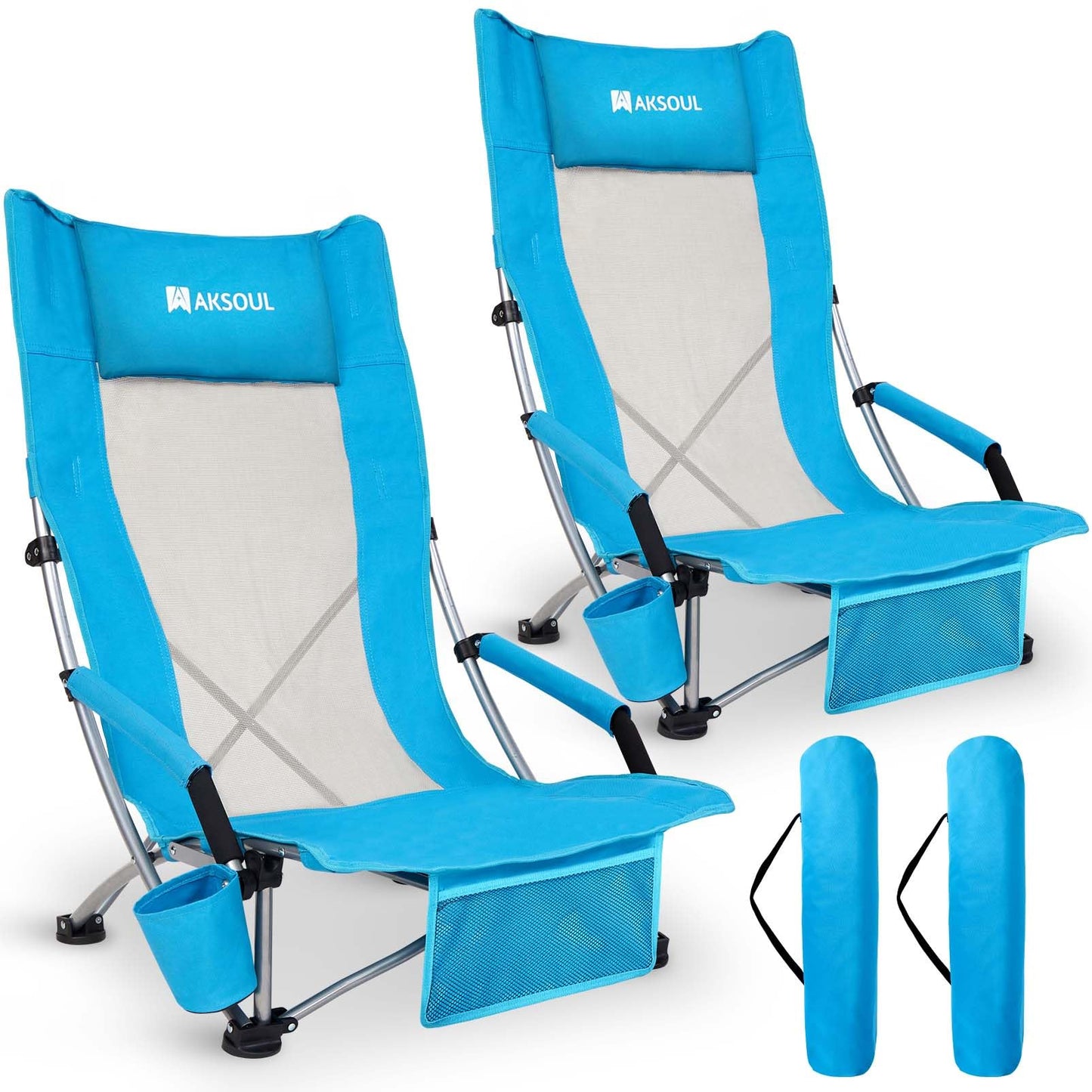 High Back Folding Beach Chair: 2 Pack Packable Lightweight Chairs Comfortable Foldable High Low Profile Sand Chair Set with Cup Holder for Adult Outdoor Concerts Lawn Camp Picnic