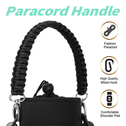 AceTreker 32 oz 40 oz Water Bottle Carrier, Neoprene Water Bottle Holder with Strap & Paracord Handle, Sport Bottle Sleeve Sling Bag with 4 Pocket for Travelling, Walking, Camping-Black