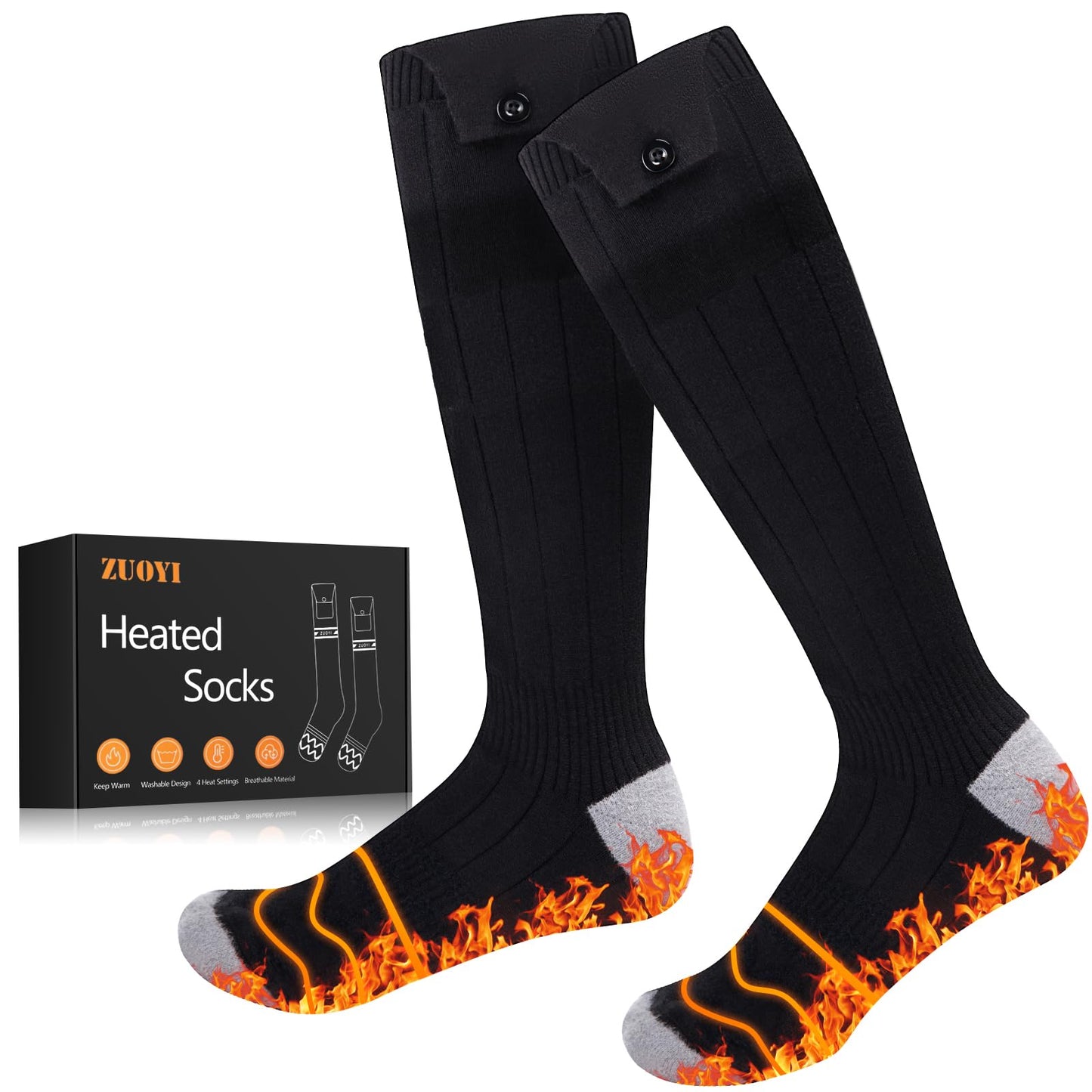 ZUOYI Heated Socks, Heated Socks for Men Women Rechargeable Washable, 5000mAh Battery with 4 Heating Levels for Hunting, Camping, Walking, Fishing (Black & Gray, Unisex-Adult)