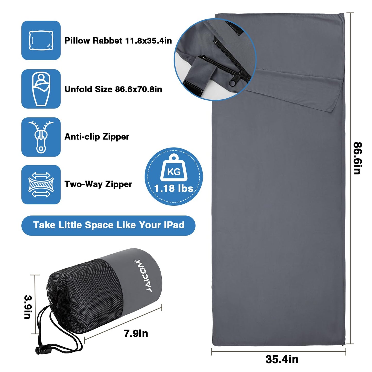 JAICOM Sleeping Bag Liner, Travel Sheets & Adult Sleep Sack, Ultralight and Portable Summer Sleeping Bag - Ideal for Backpacking, Hotels and Hostels, Business Trips, Camping