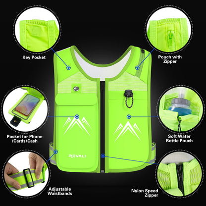 REVALI Running Vest, USA Original Patent, Zip Reflective Running Vests with 500ml Hydration Bottle, Adjustable Waistband & Breathable Material, Chest Pack Gear Phone Holder for Running, Men & Women