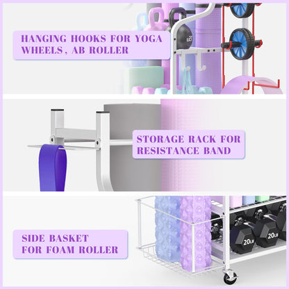 Mythinglogic Yoga Mat Storage Racks,Home Gym Storage Rack for Dumbbells Kettlebells Foam Roller, Yoga Strap and Resistance Bands, Workout Equipment Storage Organizer With Hooks and Wheels