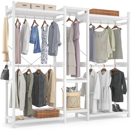 Homykic Bamboo Closet System Clothes Rack, Large Freestanding Garment Rack Clothing Rack for Hanging Clothes with 7 Storage Shelves and 5 Rods, Open Wardrobe Organizer with 4 Hooks, White