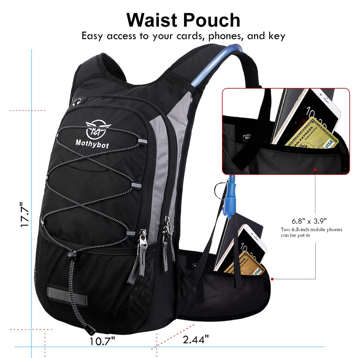 Mothybot Insulated Hydration Backpack Pack with 3L BPA Free Leak Proof Water Bladder, Large Storage Lightweight Hiking Daypack with Waist Pouches & Cooler Layer, for Running, Biking, Camping, Festival