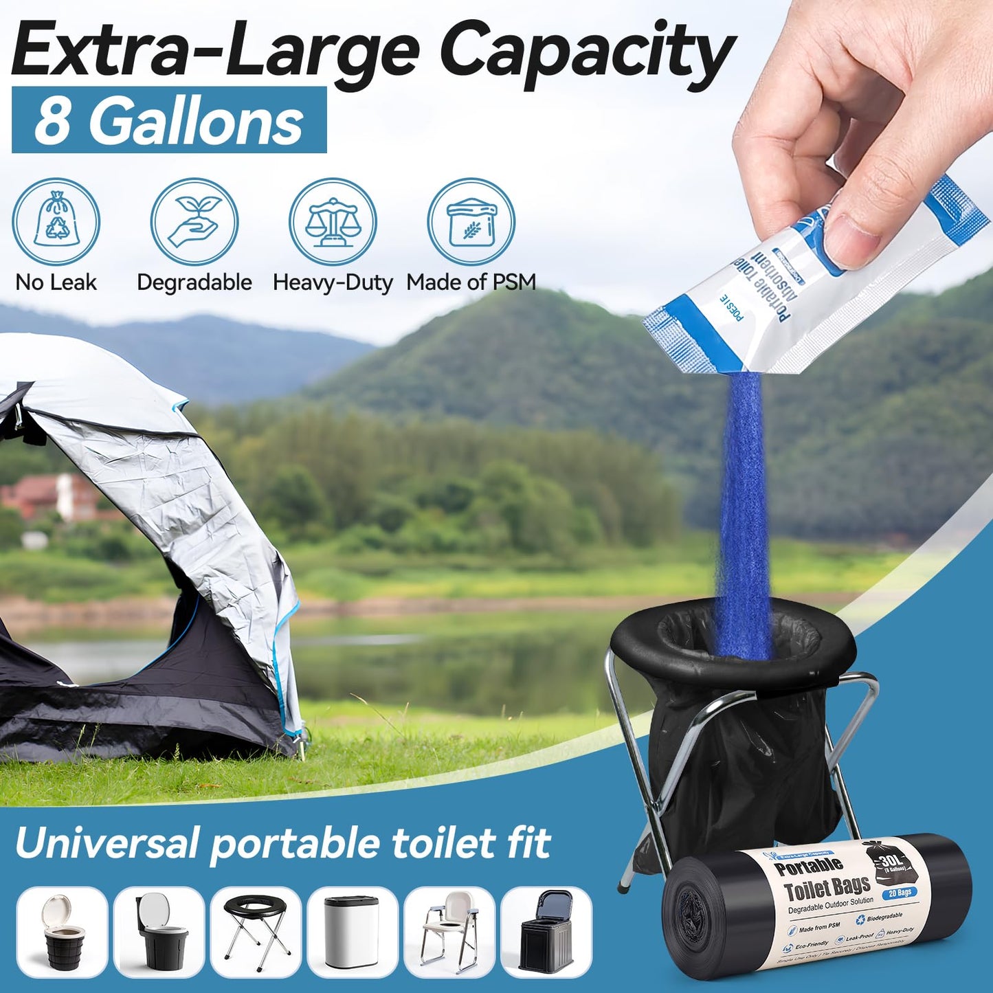 Poesie Absorbent Gel Toilet Bags Set, 8 Gallon Compostable Portable Toilet Bags with Camping Gel, Camping Toilet Bags and Gel Set for RV, Hiking, Emergency 20 Gels and 20 Bags