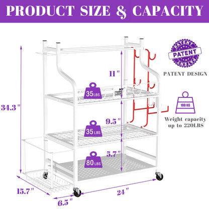 Mythinglogic Yoga Mat Storage Racks,Home Gym Storage Rack for Dumbbells Kettlebells Foam Roller, Yoga Strap and Resistance Bands, Workout Equipment Storage Organizer With Hooks and Wheels