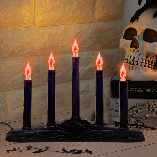 1 Pack Halloween Electric Candle Lamps, 5 Light Black Flameless Candle with 5 C18 Orange Flicker Flame Bulb, Plug in Flickering Window Candle Holder for Halloween Party Home Table Bar Holiday Decor