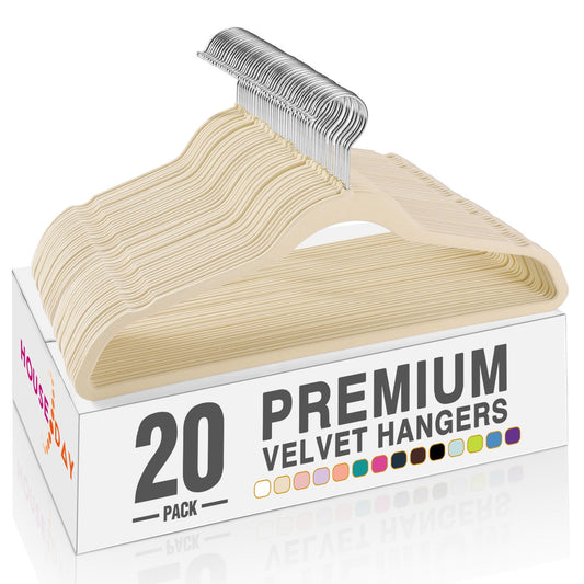 HOUSE DAY Beige Velvet Hangers 20 Pack, Non Slip Clothes Felt Hanger Heavy Duty for Coat, Premium Slim Space Saving Suit Hangers for Closet Organizer, 360° Rotating Silver Hook