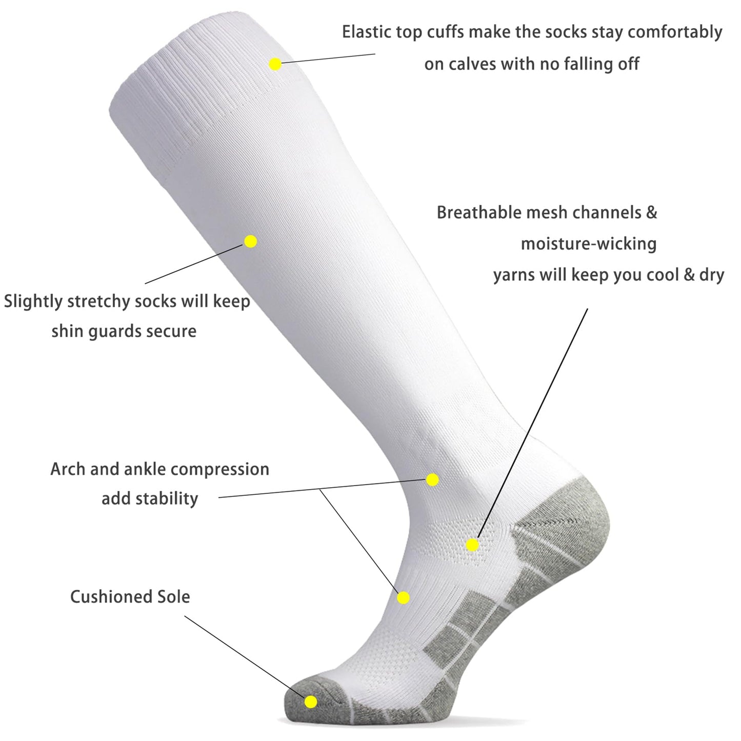 CWVLC Youth Soccer Socks 5 Pairs Boys Girls Football Sport Team Athletic Knee High Long Tube Cotton Compression Socks White Medium (5Y-7Y Youth/6-10 Women)