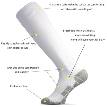 CWVLC Youth Soccer Socks 5 Pairs Boys Girls Football Sport Team Athletic Knee High Long Tube Cotton Compression Socks White Medium (5Y-7Y Youth/6-10 Women)