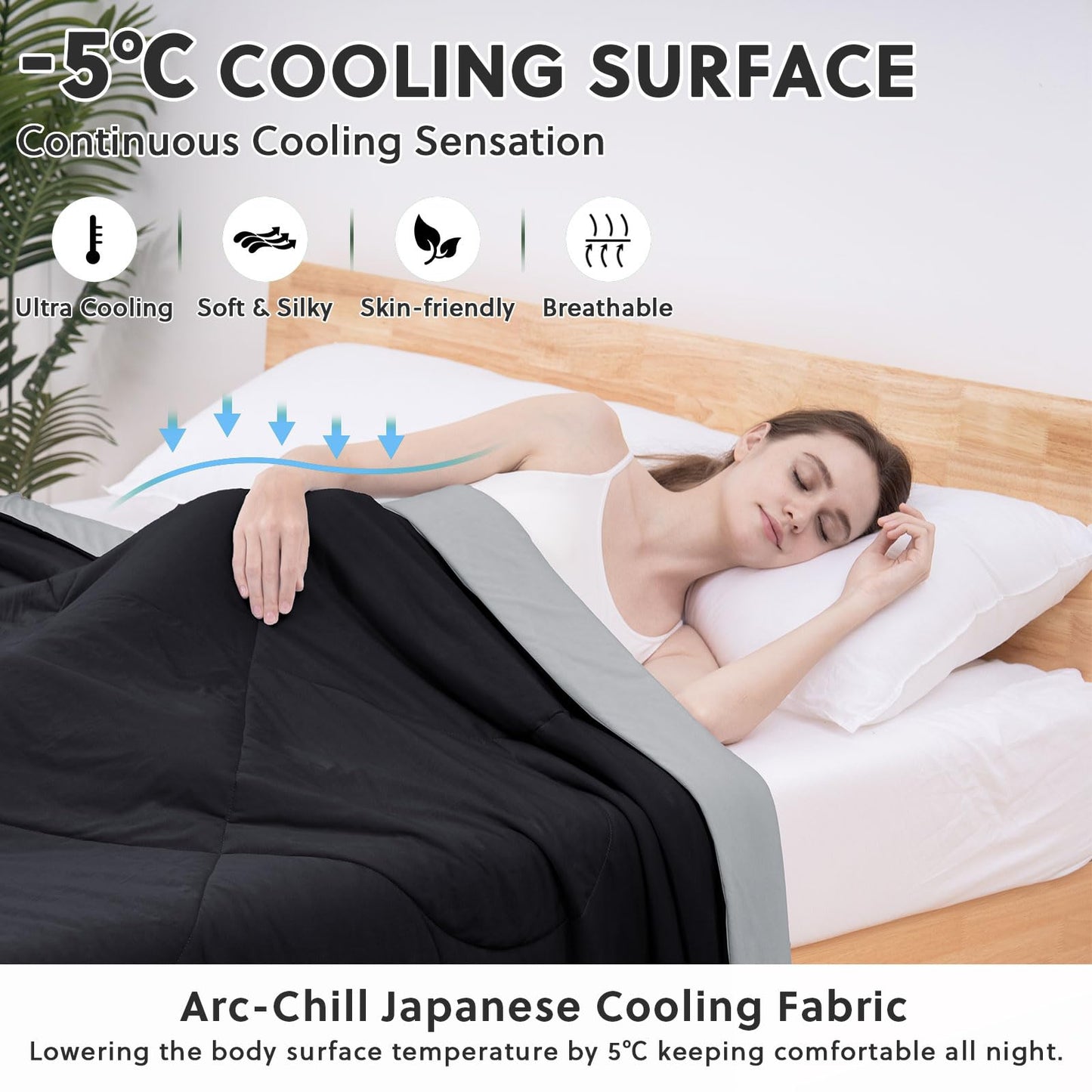 HOMFINE Cooling Comforter Japanese Double-Sided Cold Tech Fabric Cooling Blanket for Night Sweats Hot Sleepers, Q-Max 0.45 Soft Breathable Silky Smooth Lightweight Black Summer Comforter Queen