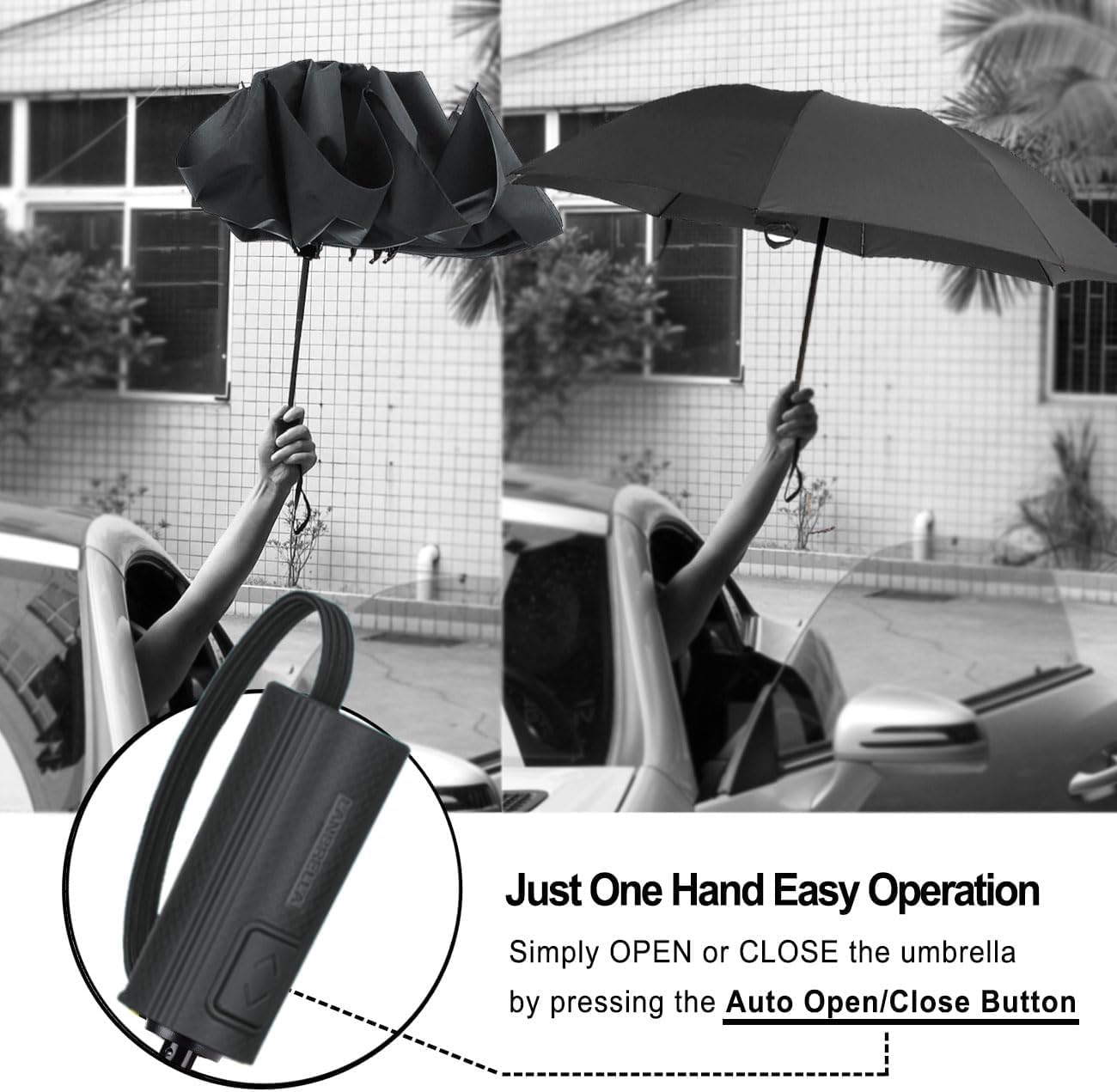 LANBRELLA Compact Reverse Folding Umbrella Auto Windproof Travel Umbrella-Black