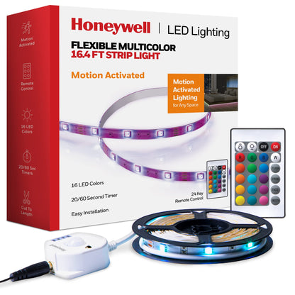 Honeywell 16.4ft Indoor LED Strip Light - Color Changing RGB, Motion Activated with Remote Control - for Bedroom, Kitchen, Dorm, Game Room, Cabinets, Etc - Wall Plug 12 Volt No Battery